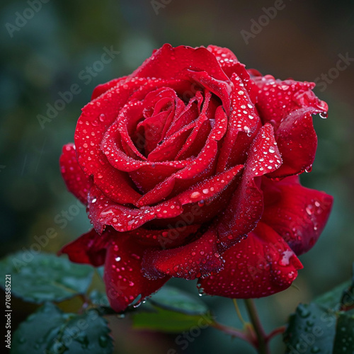 large red rose in full bloom  with crystal-clear water droplets adorning its lush petals   Beautiful red rose with water drops on dark background  closeup
