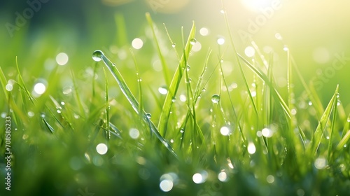 Fresh green grass with dew drops in morning sunny lights. Beautiful nature landscape with water droplets.