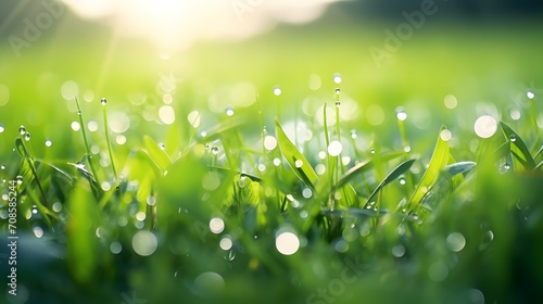 Fresh green grass with dew drops in morning sunny lights. Beautiful nature landscape with water droplets.