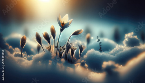 image capturing the essence of early spring, focusing on a few flowers emerging through a layer of snow.
