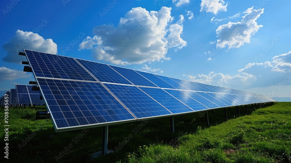 Solar panels farm under the sky. Blue solar panels. Background of photovoltaic modules Solar panels farm under the sky. Blue solar panels. Background of photovoltaic modules