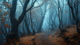  霧の中で神秘的な暗い古い森GenerativeAI