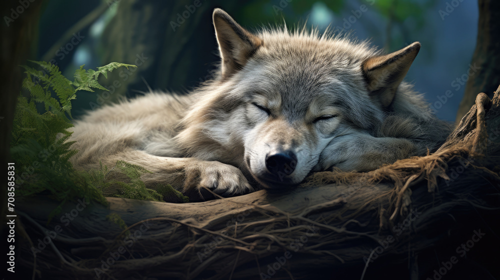 gray wolf sleeping soundly on a log created with Generative AI Technology