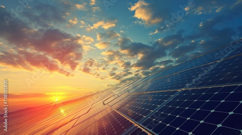 sunset and solar panel, photovoltaic, alternative electricity source - concept of sustainable resources