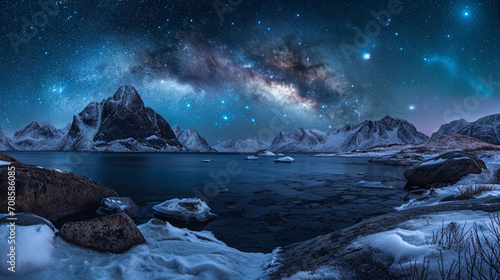 夜になると凍った海岸の上にかかる天の川と冬の山々GenerativeAI photo