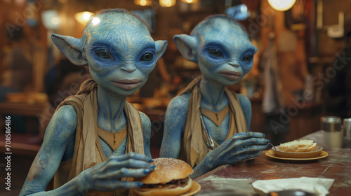 Blue, African American-modeled, aliens in a restaurant with friends photo