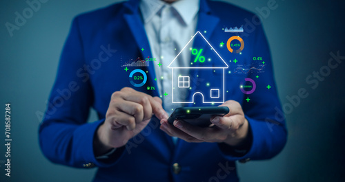 Mortgage Property interest research house to loan money interest, rate sale marketing estate banking finance profit growth for investment price tax property value inflation percentage crisis analysis