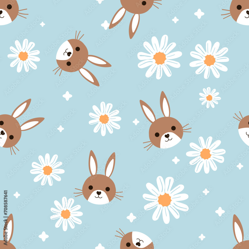 Seamless pattern with bunny rabbit cartoons and daisy flower on blue background vector illustration. Cute childish print. Seamless pattern with bunny rabbit cartoons and daisy flower on blue background vector illustration. Cute childish print.