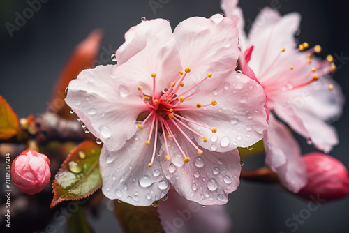 macro photo of a cherry blossom with pink flowers and water droplets  on a dark background
