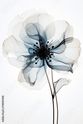 The image of a white and black flower against a white background, in the style of translucent layers, conceptual digital art, daz3d, minimalistic objects, meticulous design, dark black and dark beige,