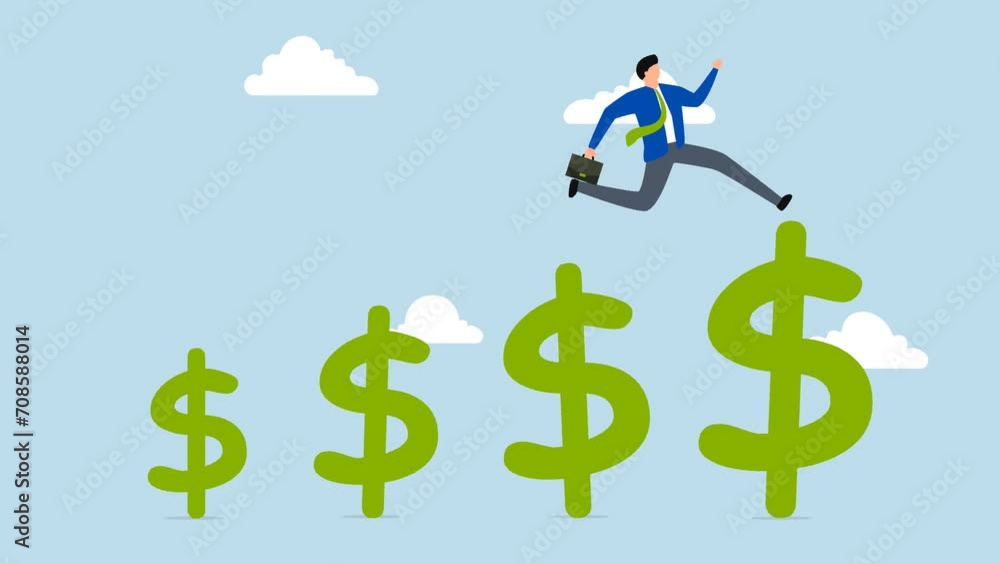 Growth earning investment, 4k animation of Businessman or professional manager running and jumping on golden dollar signs of growth. Growth earning investment, 4k animation of Businessman or professional manager running and jumping on golden dollar signs of growth.