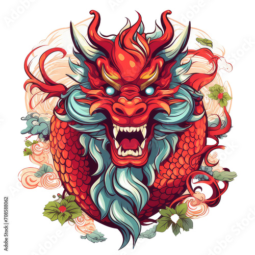 exotic chinese dragon head illustration surrounded by clouds and flowers, isolated on transparent background. vibrant festive design for lunar new year celebrations and creative projects