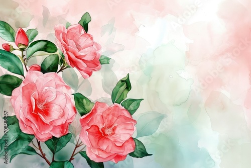 Camellia Japanese Flowers with Expressions of Leaves and Branches  copy space.