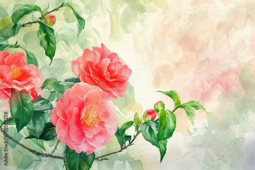 Camellias  These beautiful flowers symbolize admiration  perfection  and good luck  valentine theme  watercolor  copy space.