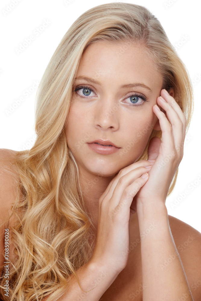 Woman, portrait and beauty with skincare in studio for hair care, keratin treatment and shampoo shine. Model, person and confidence with cosmetics, collagen texture and hairstyle on white background Woman, portrait and beauty with skincare in studio for hair care, keratin treatment and shampoo shine. Model, person and confidence with cosmetics, collagen texture and hairstyle on white background