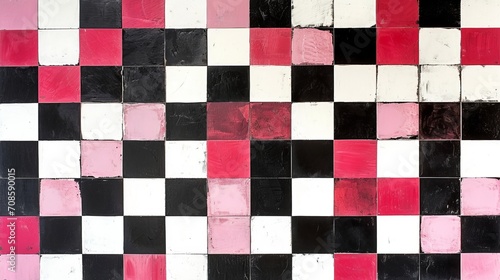 Black, White, and Pink Checkered Tile Wall - Modern Geometric Interior Design