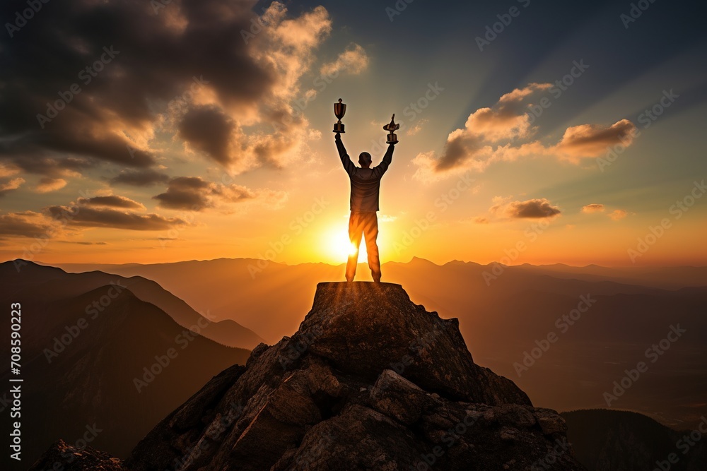 Victorious silhouette raising a trophy against a dramatic sunset atop a mountain