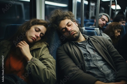 Peaceful moment as couple finds comfort in sleep during a late-night commute
