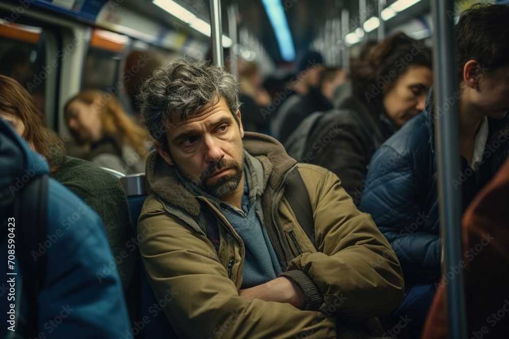 Commuters in a packed subway car, lost in thought, capturing the essence of city life. Commuters in a packed subway car, lost in thought, capturing the essence of city life.