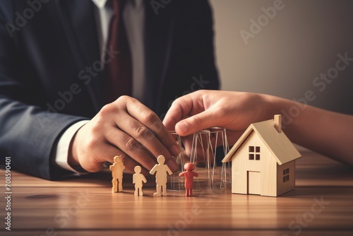 Hands carefully arranging wooden figures symbolizing family protection and home insurance.