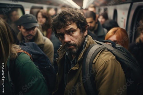 Commuters in a packed subway car, lost in thought, capturing the essence of city life. © Daniel Jędzura