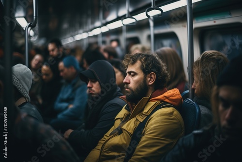 Commuters in a packed subway car, lost in thought, capturing the essence of city life.
