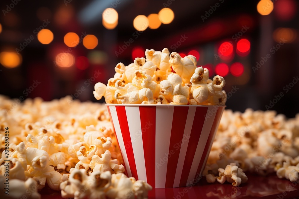 A red and white striped container filled with popcorn against a blurry background of red and orange lights A red and white striped container filled with popcorn against a blurry background of red and orange lights