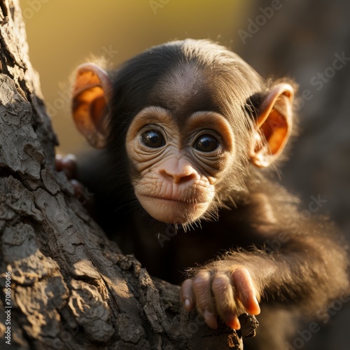 Photo of a baby chimpanzee learning to climb. Generative AI photo