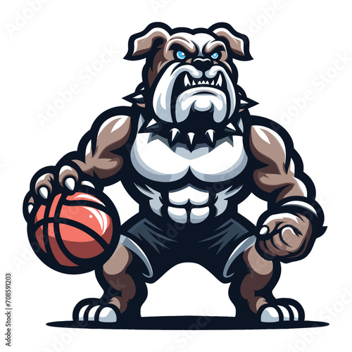 Strong athletic body muscle bulldog playing basketball mascot design vector illustration, logo template isolated on white background