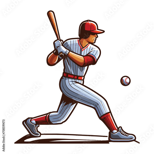 Baseball softball player in action vector illustration, hitter swinging with bat design template isolated on white background