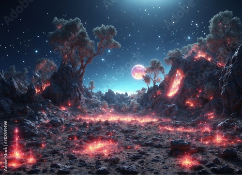 abstract Glowing particle Sparkles on alien planet landscape forest 3d rendering