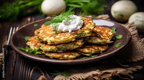 Vegetable zucchini cabbage pancakes or fritters with sour cream on wooden kitchen table 