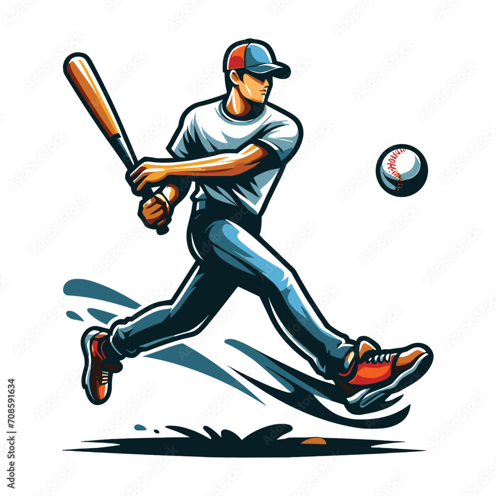 Fototapeta premium Baseball softball player in action vector illustration, hitter swinging with bat design template isolated on white background