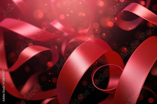 Colorful Shiny Streamer Red Ribbons Background With Bokeh Light. Wave. Grand Opening. Illustration. Celebration. Wedding Backdrop. Valentine's Day Banner
