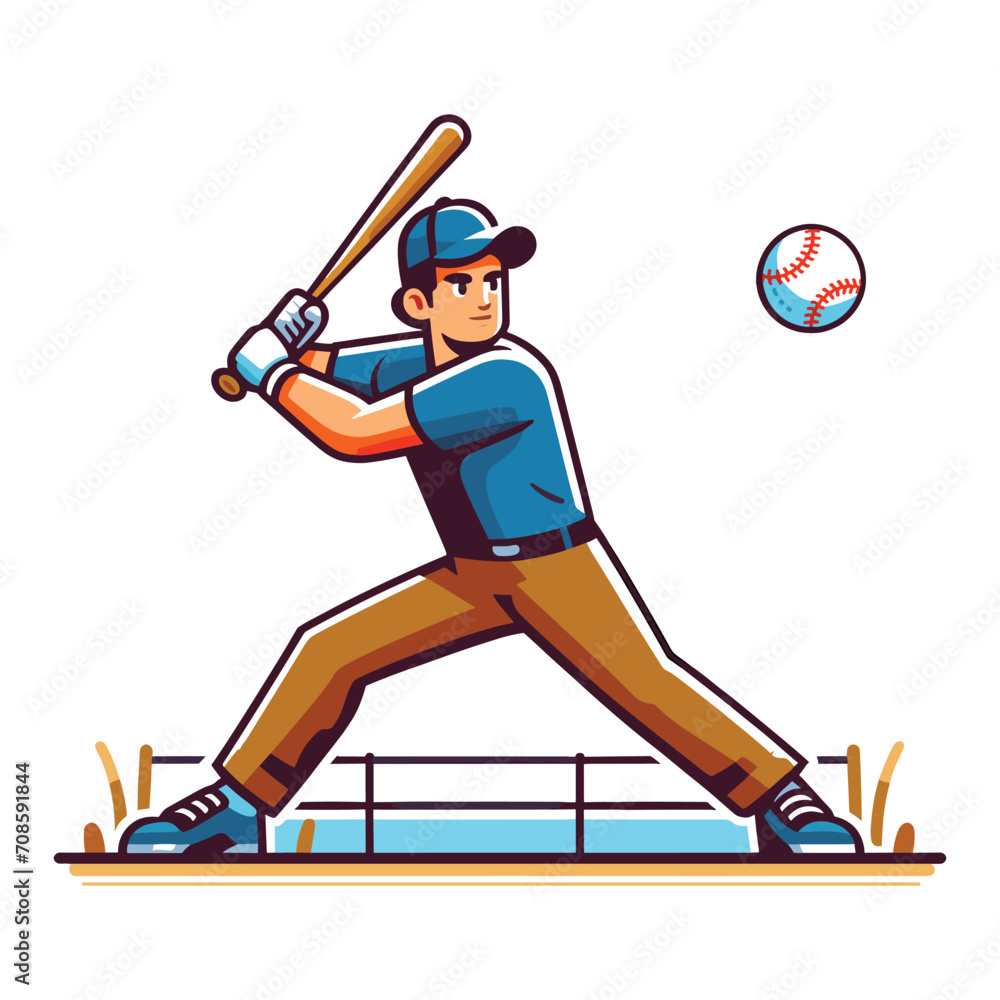 Obraz premium Baseball softball player in action vector illustration, hitter swinging with bat design template isolated on white background