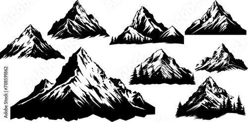 Set of mountain silhouettes on white background. Outdoor and travel concept. Vector Illustration. AI generated illustration.