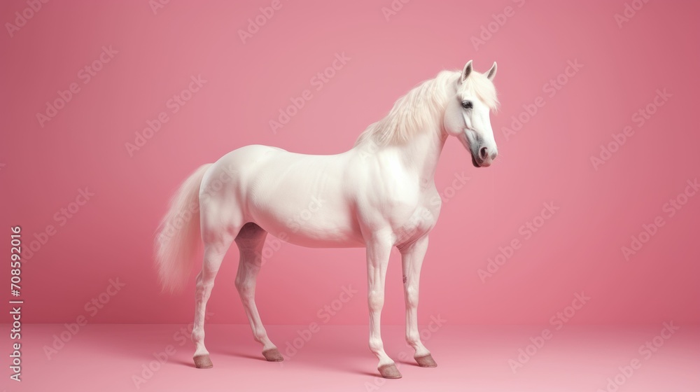 White horse with beautiful hairs and pink background