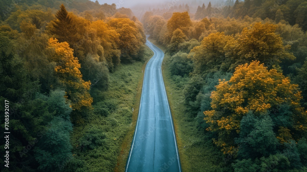 Fototapeta premium Drone view of road in the middle of a forest