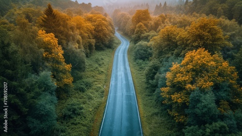 Drone view of road in the middle of a forest
