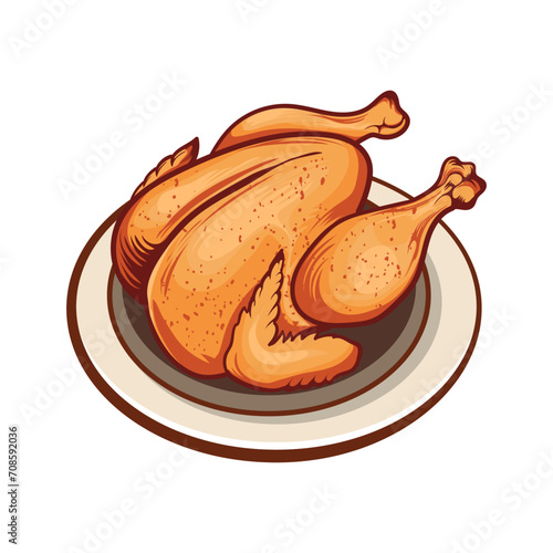 Whole fried chicken vector illustration on a plate
