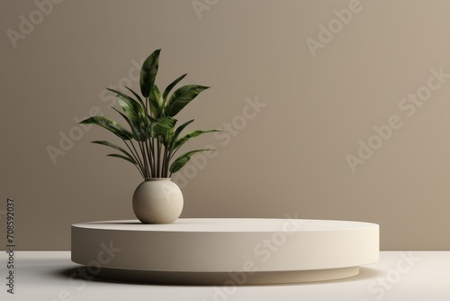 White Round Podium And Tropical Plant Tree. Minimalist. Minimal. Copy Space. Nature Banner. Wallpaper