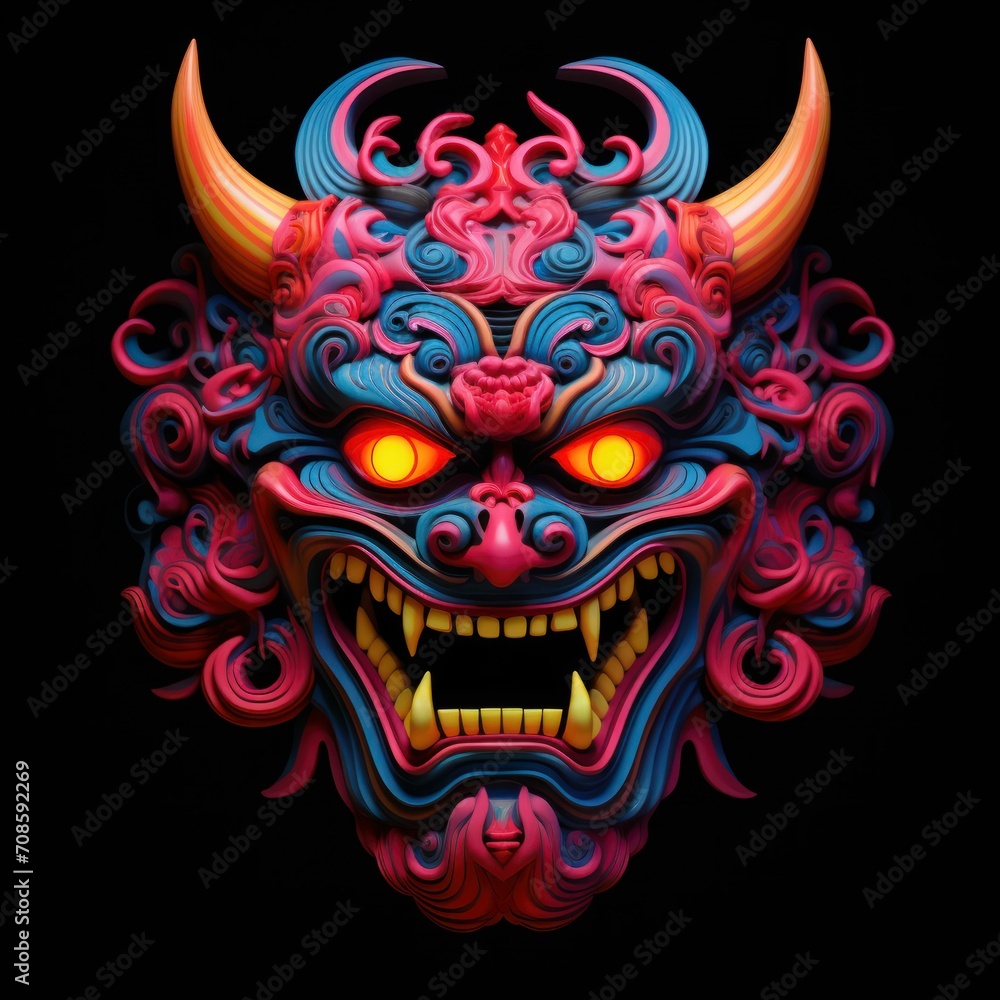 Fototapeta premium Japanese Hannya mask Neon, Blue and Red Colors, Black Background