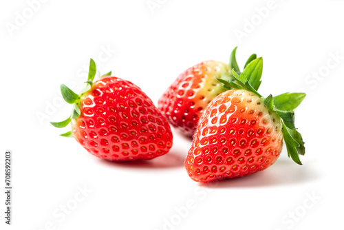 Three fresh Strawberry isolated on white background. fruits