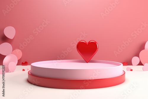 Valentine's Day Banner With Round Podium And Heart Balloons. Minimalist. Minimal. Wedding. Romantic