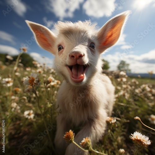Photo of a baby goat kid frolicking in a meadow. Generative AI © Aditya