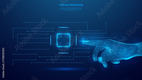 Digital transformation concept, illustration of hand touching cpu chip. Evolution of technology based on artificial intelligence machines. blue low poly style vector background design.