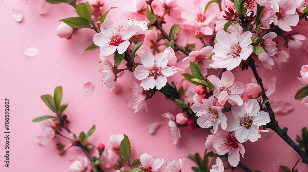 Obraz premium Spring Cherry Blossoms on Pink Background