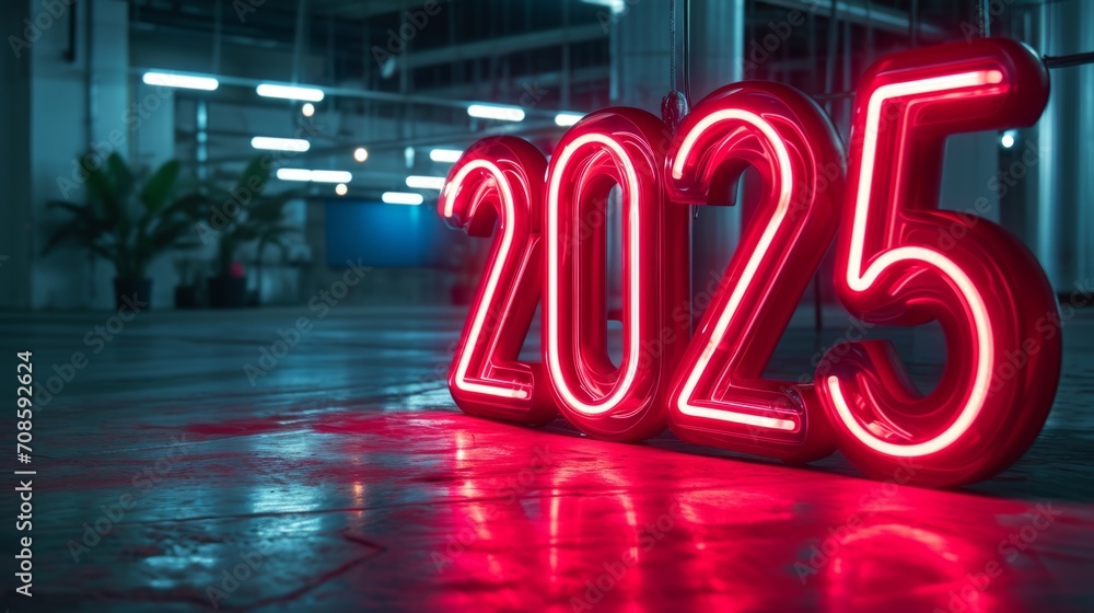 Large neon sign 2025 in an empty dark room. Neon lights. 2025th year Stock Illustration Adobe