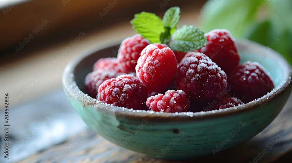 Fresh Raspberries with Frosty Sugar in a Rustic Ceramic Bowl with Mint Garnish Fresh Raspberries with Frosty Sugar in a Rustic Ceramic Bowl with Mint Garnish
