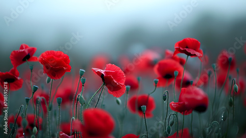 Field of Red Poppies with Morning Dew